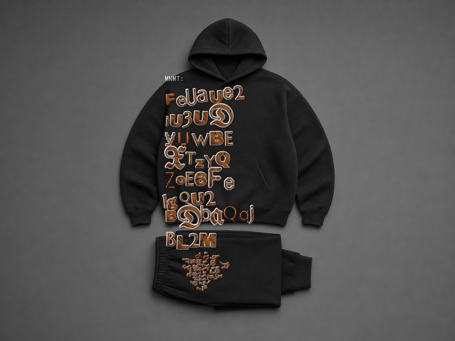 VOID Set 01 in black, photographed flat: an oversized hoodie embroidered across the chest with its own Solana wallet address in mixed blackletter and segment faces, with the matching pant below.