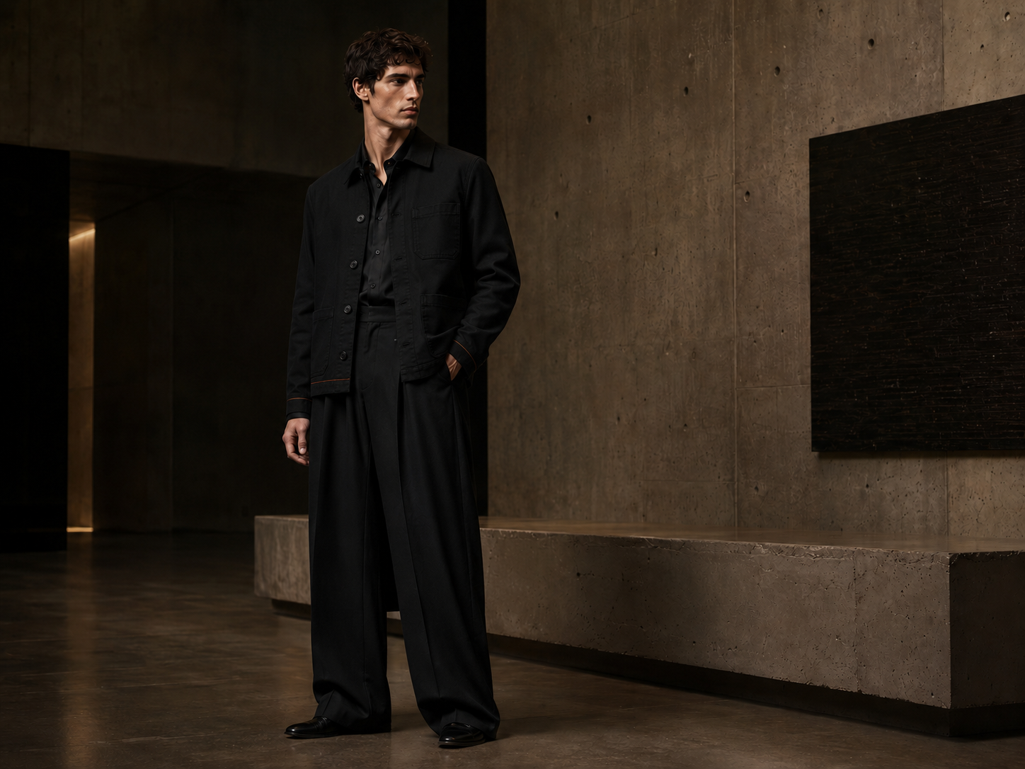 Model wearing the short black MONUMENT cotton-drill chore jacket with black trousers.