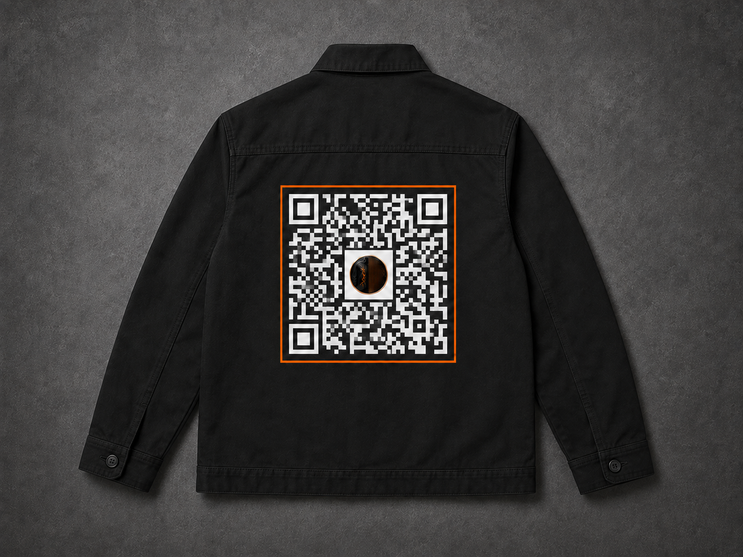 MONUMENT Chore Jacket 18 — Black / Orange QR, shown with its design-preview wallet-address artwork.