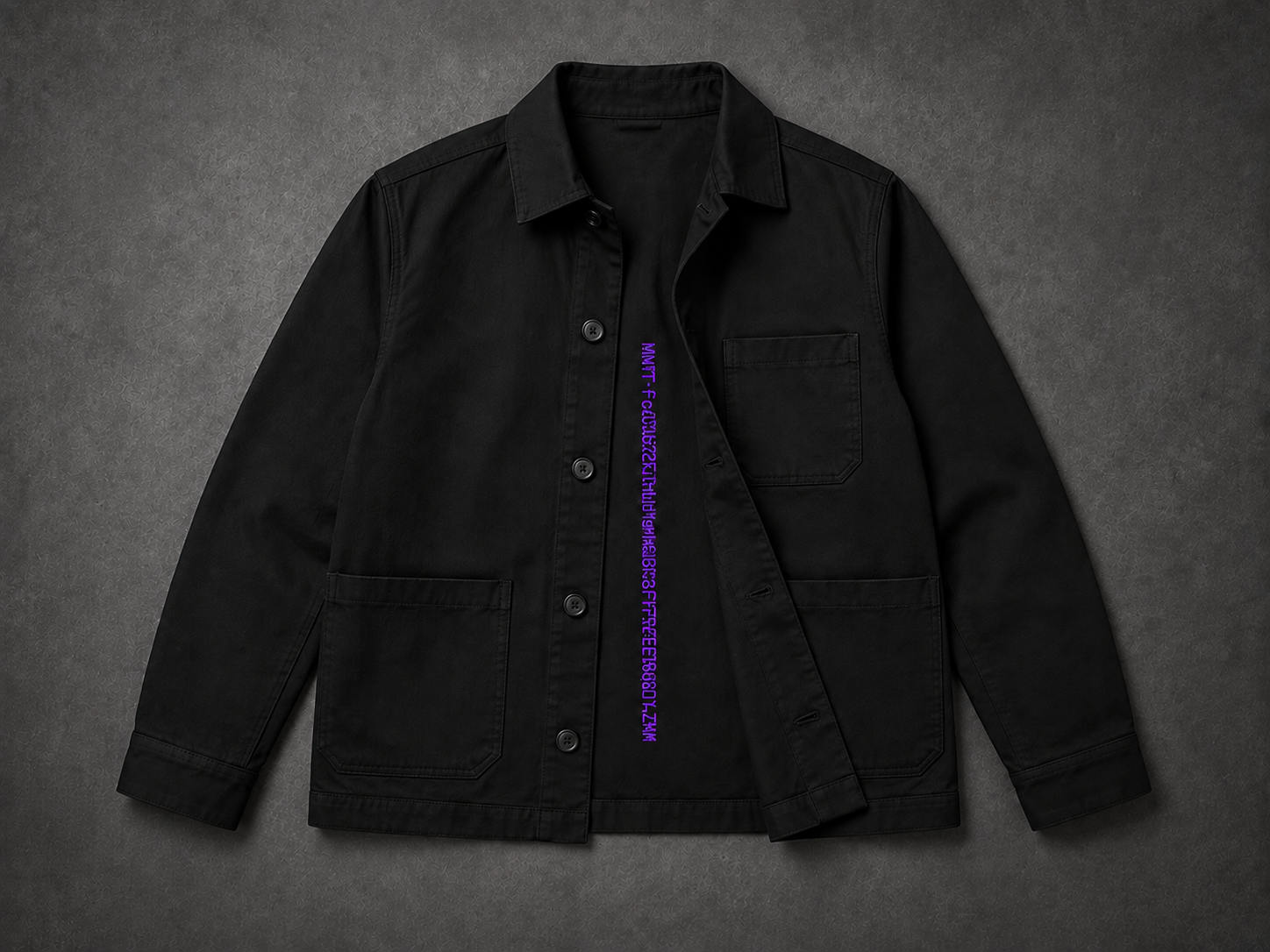 MONUMENT Chore Jacket 17 — Black / Violet Address, shown with its design-preview wallet-address artwork.