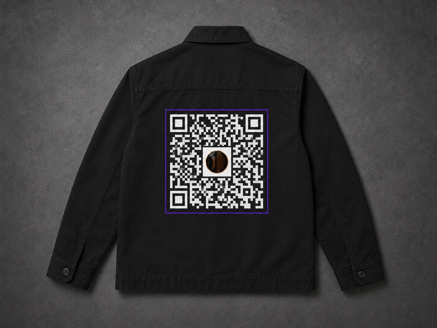 MONUMENT Chore Jacket 15 — Black / Violet QR, shown with its design-preview wallet-address artwork.