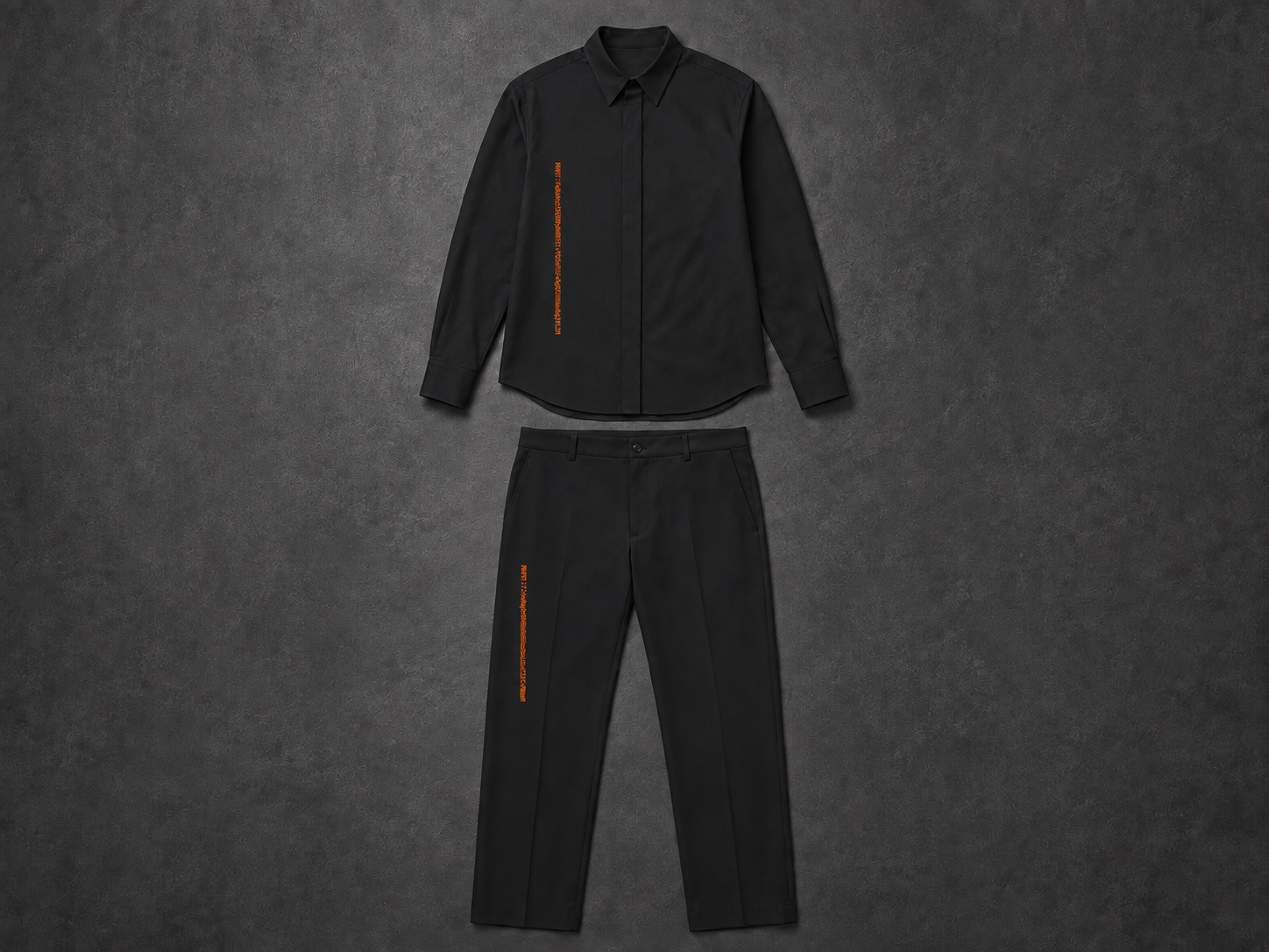 MONUMENT Tailored Utility Set 09 — Black / Orange, shown with its design-preview wallet-address artwork.