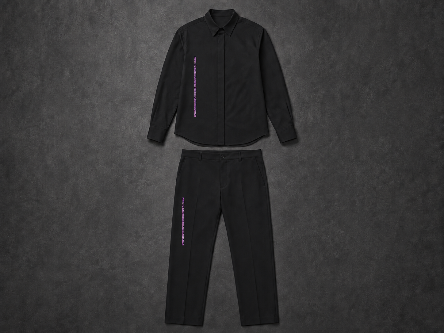 MONUMENT Tailored Utility Set 16 — Black / Violet, shown with its design-preview wallet-address artwork.